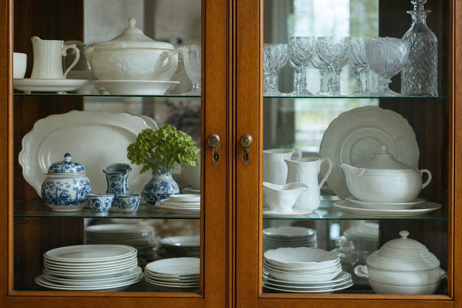 A glazed china cabinet holding stacked cups, saucers and floral dinnerware