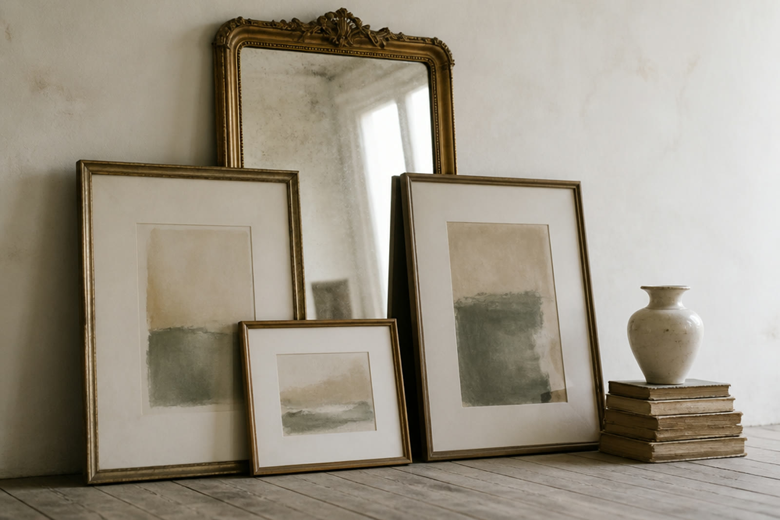 Two framed artworks in gilt and dark frames leaning against a pale wall