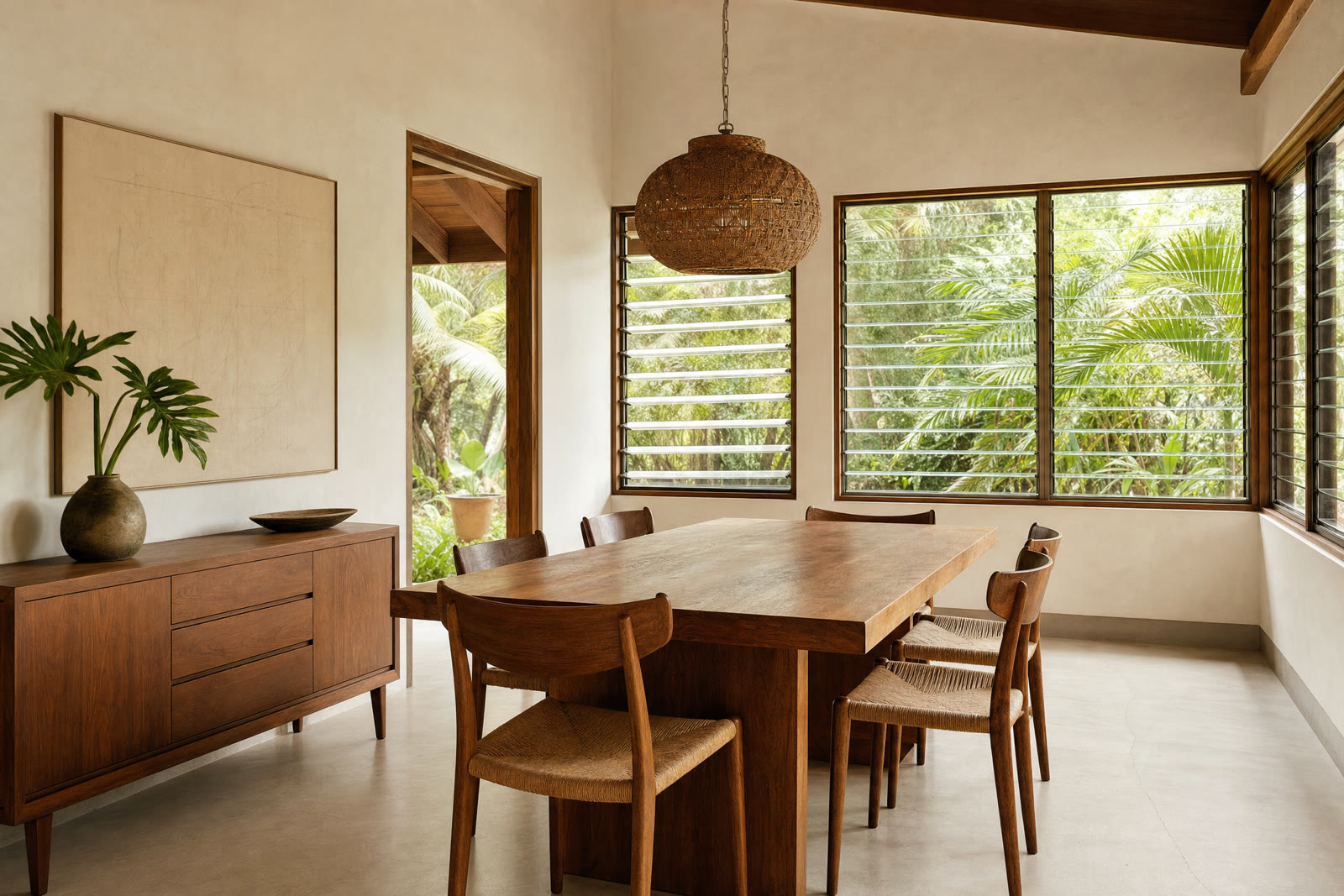 A furnished room with a wooden sideboard, framed pictures, shelving and plants