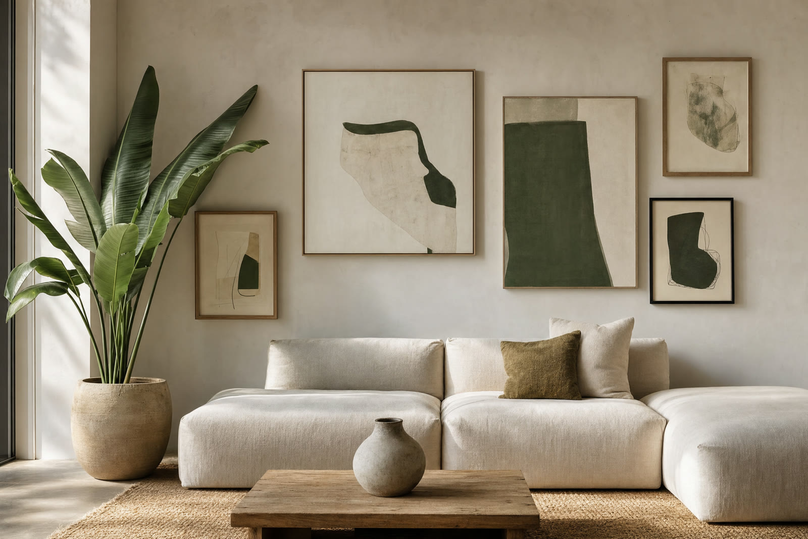 A living room with framed artwork arranged above a sofa and a low table
