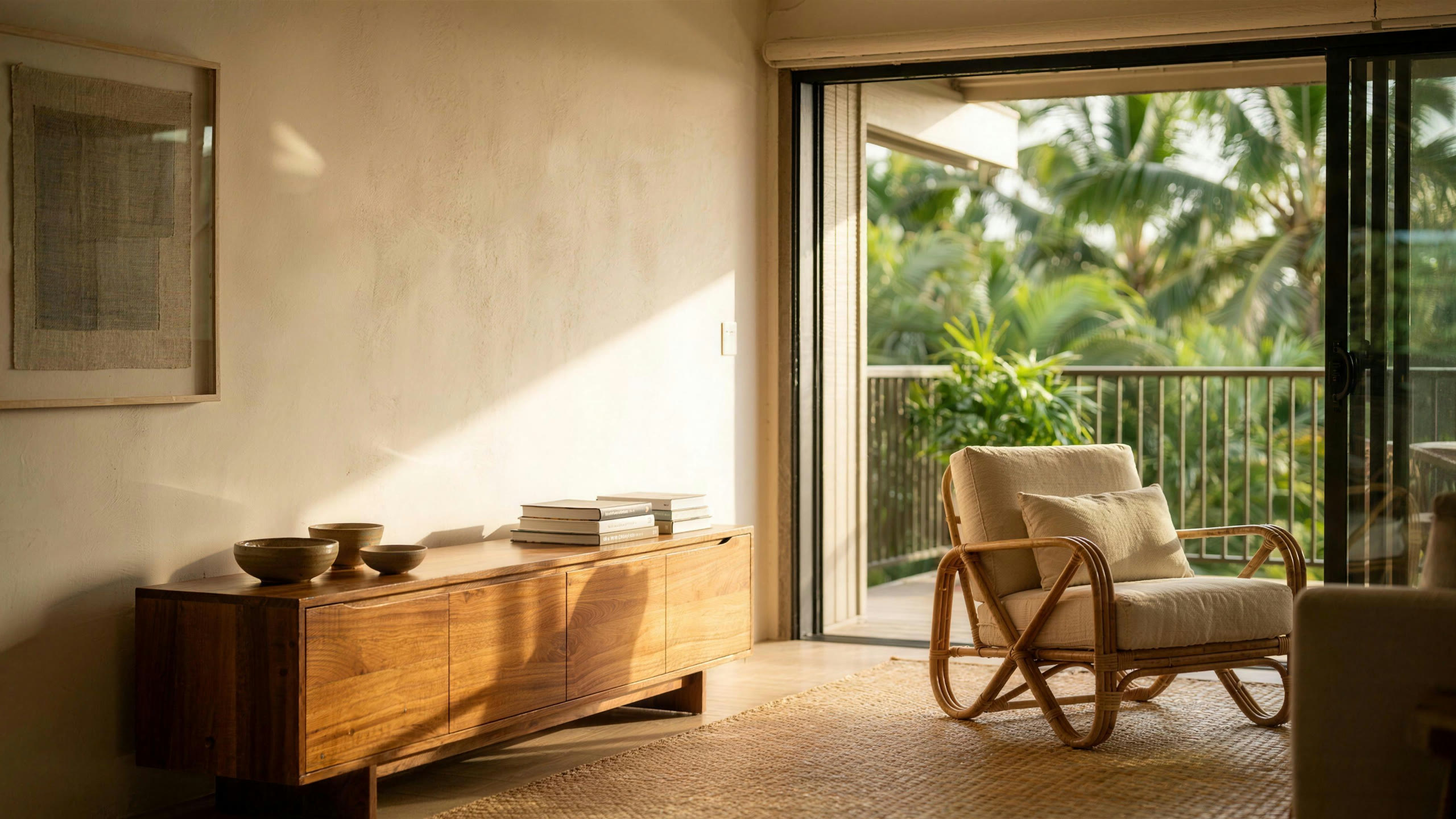A contemporary Hawaii living room in late afternoon light, with a koa credenza, a rattan armchair and sliding doors open onto a planted lanai