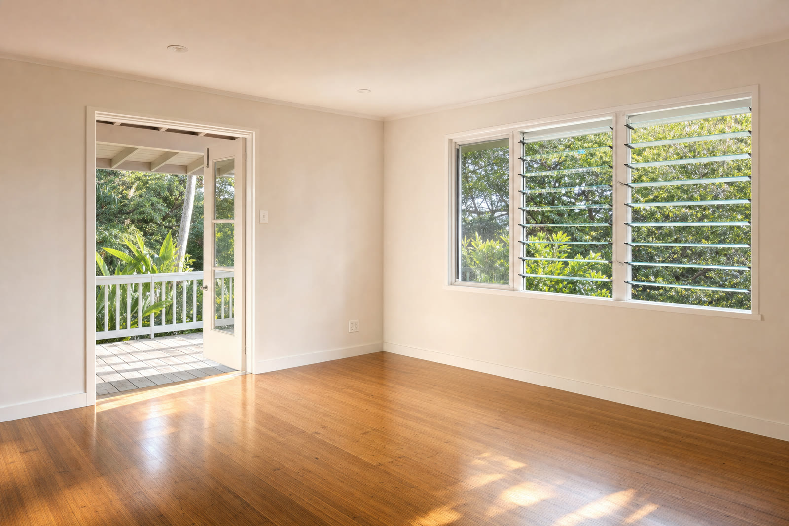 A single-story house with a wooden deck and mature tropical planting