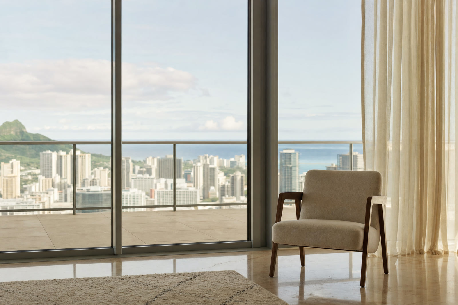 A bright open-plan living area with a sofa, armchairs and daylight from a balcony