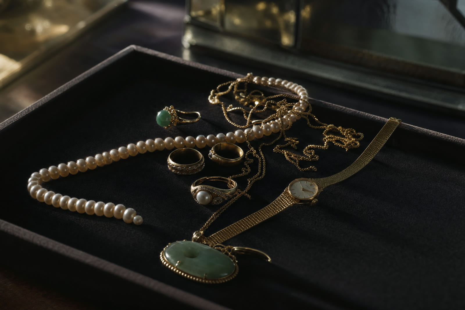 An assortment of gold-toned chains, rings and bracelets gathered in a shallow dish
