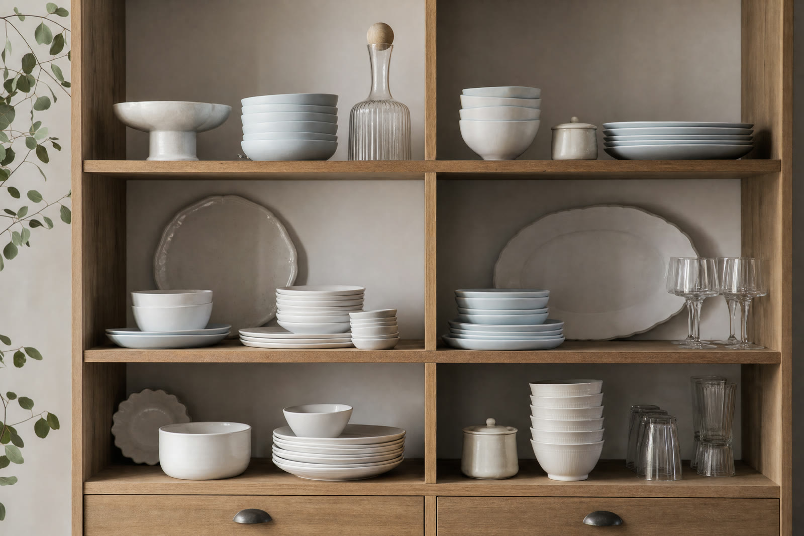 A wooden hutch filled with stacked plates, bowls, cups and serving pieces